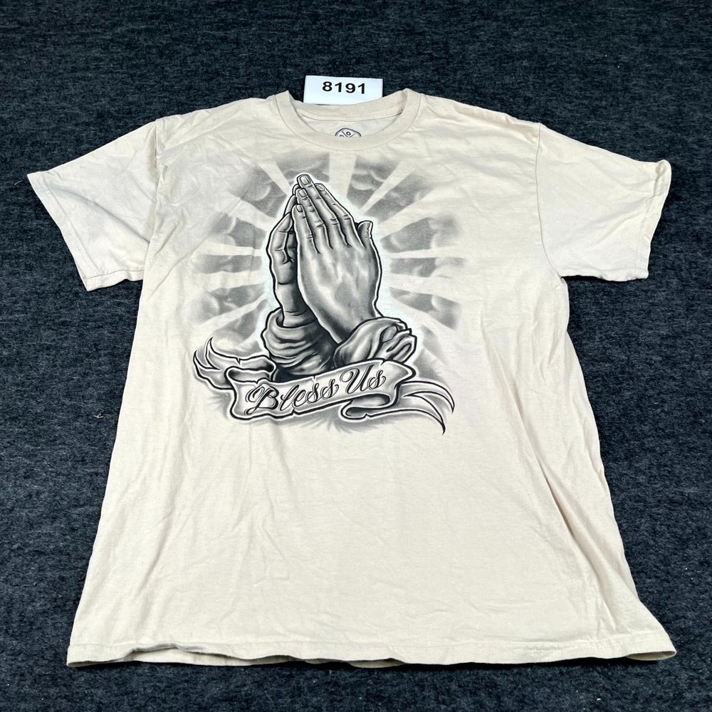 DOM T Shirt Mens Large Beige Praying Hands Bless Us Graphic Cotton Crew Neck